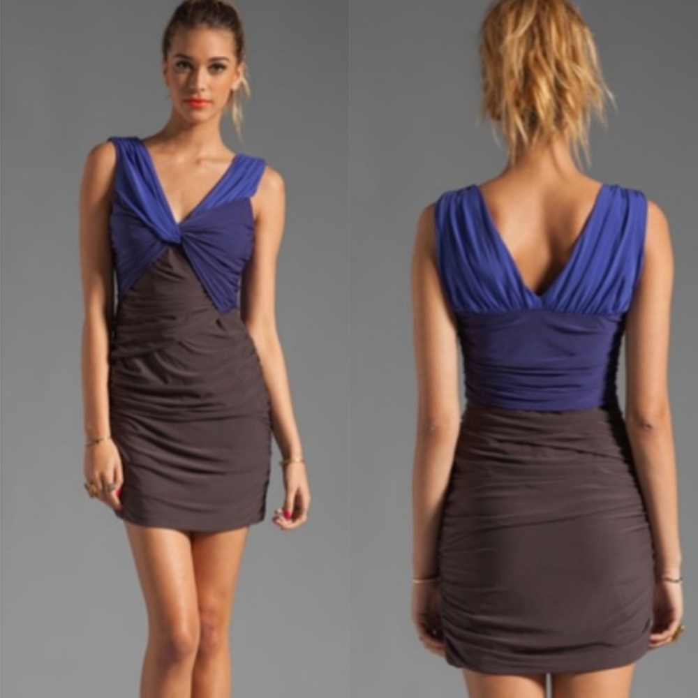 ❤ Halston Heritage rouched color block bodycon dress